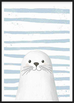 Cuadro de foca blanca simpática sobre fondo de rayas azul claro y blanco, con estética suave y estilo infantil. Disponible en kudeko.com
