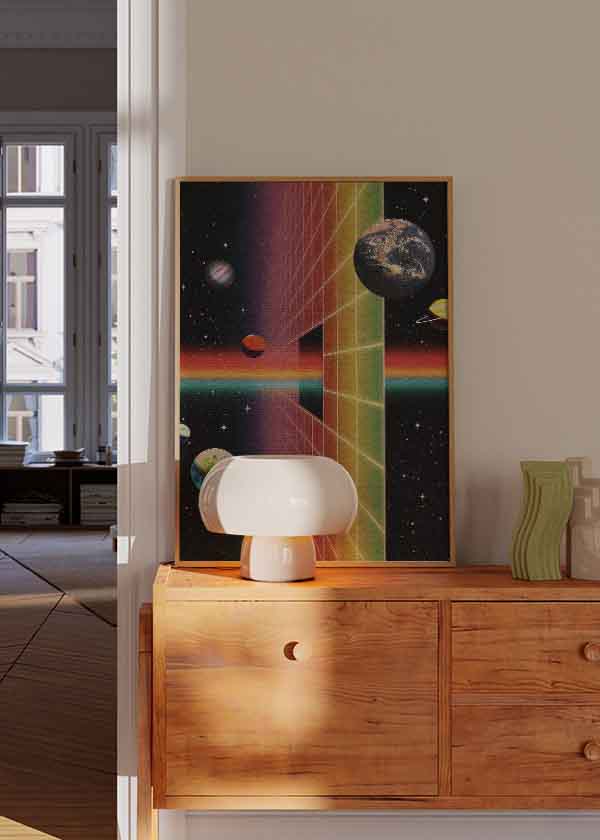 Cuadro futurista surrealista con planetas, estructura geométrica y luces neón, disponible en kudeko.com.
