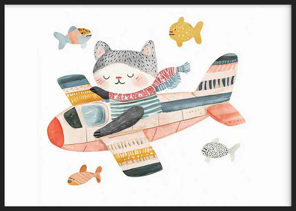 Cuadro horizontal con gato gris dormido en avión de tonos azul, rosa, mostaza y coral, rodeado de peces, en estilo infantil. Disponible en kudeko.com