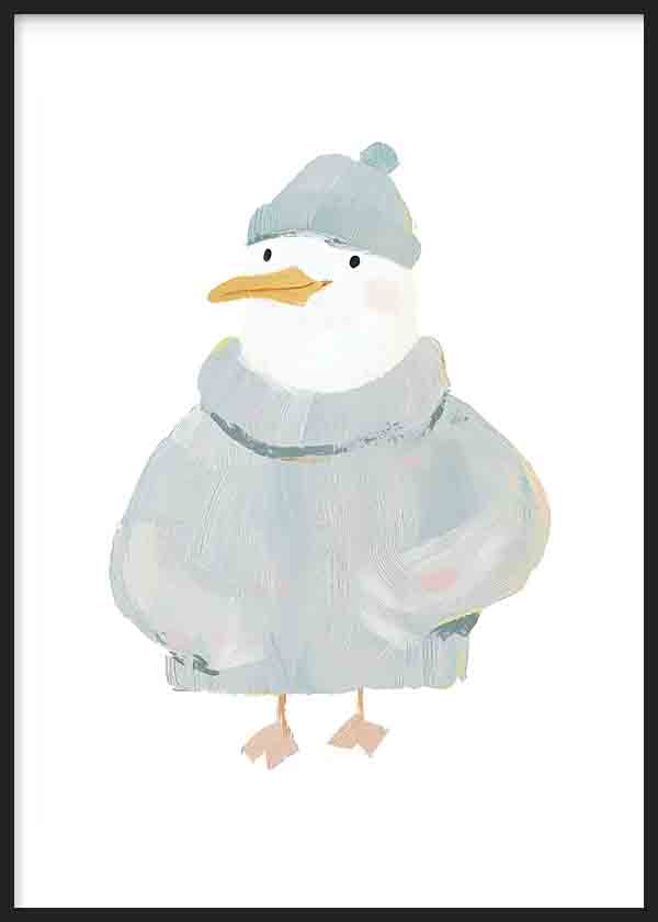 Cuadro de gaviota infantil con gorro y jersey azul grisáceo, plumaje blanco, pico amarillo y estilo ilustración suave. Disponible en kudeko.com