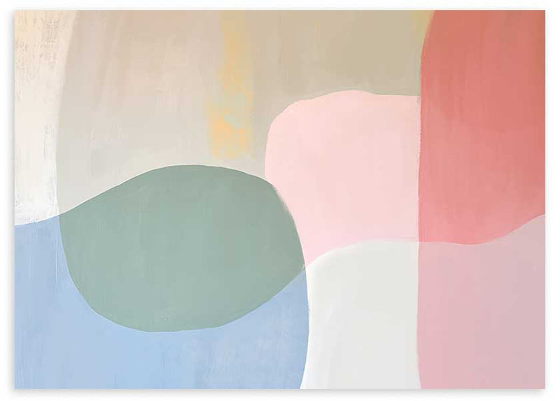 Tableau horizontal abstrait aux formes organiques dans des tons pastel, ambiance décorative douce et contemporaine. Disponible sur kudeko.com