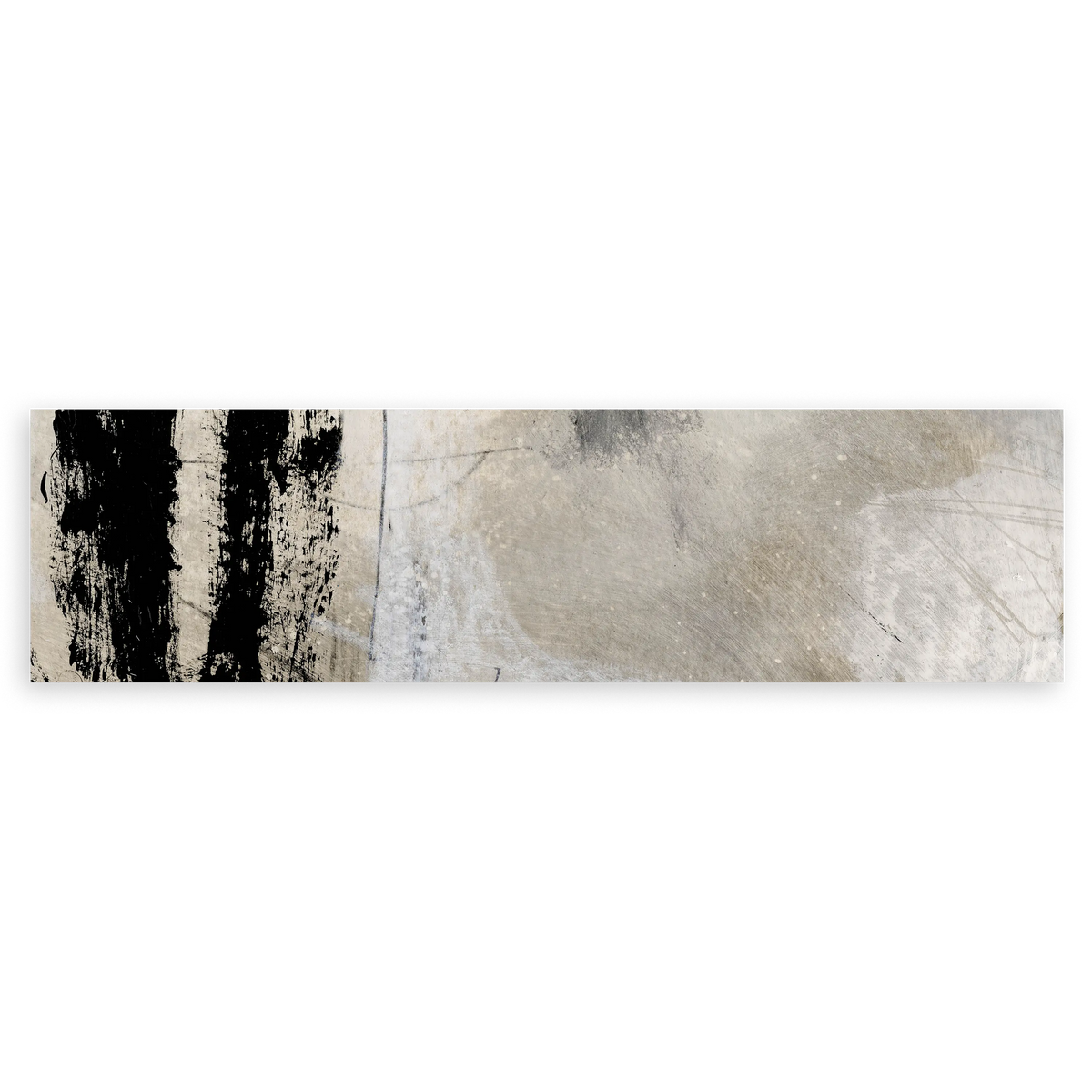 Cuadro horizontal con composición abstracta en beige, gris claro, negro y tonos arena, con textura visual suave y contraste marcado en un lateral, de estilo abstracto. Disponible en kudeko.com