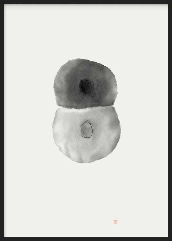 Cuadro japonés minimalista con dos formas circulares en tinta sumi-e, kudeko.com
