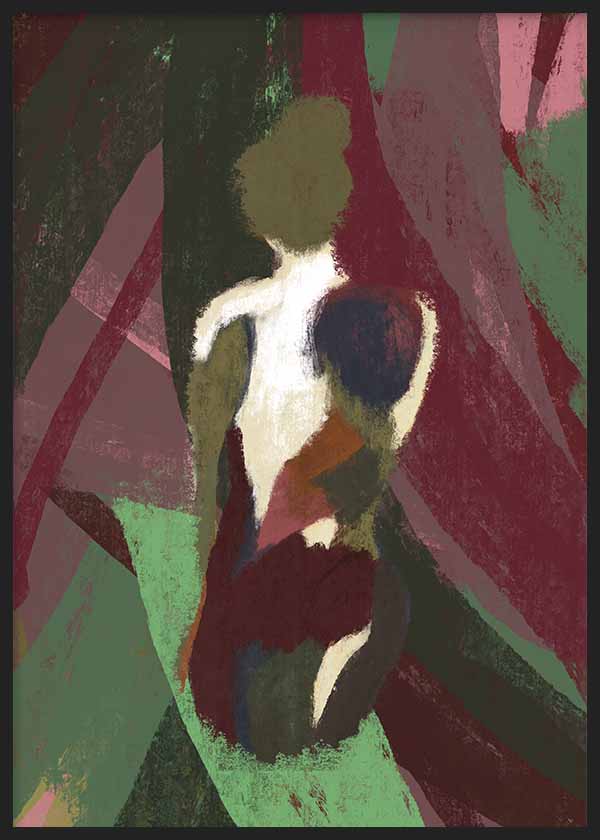 Quadro com figura humana abstrata em verde sálvia, bordô, rosa envelhecido, preto e branco, com formas orgânicas envolventes e composição equilibrada de estilo abstrato contemporâneo. Disponível em kudeko.com
