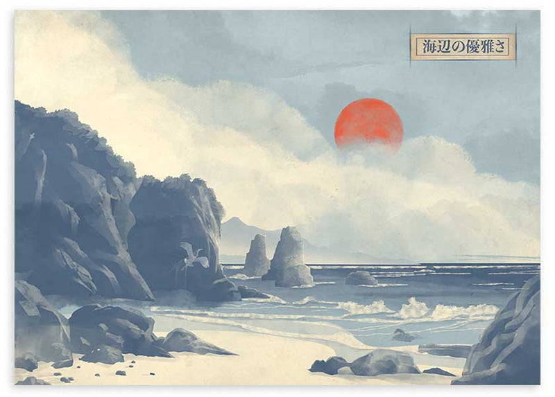 Cuadro horizontal japonés con paisaje marino, acantilados y sol rojo estilo Japandi, kudeko.com
