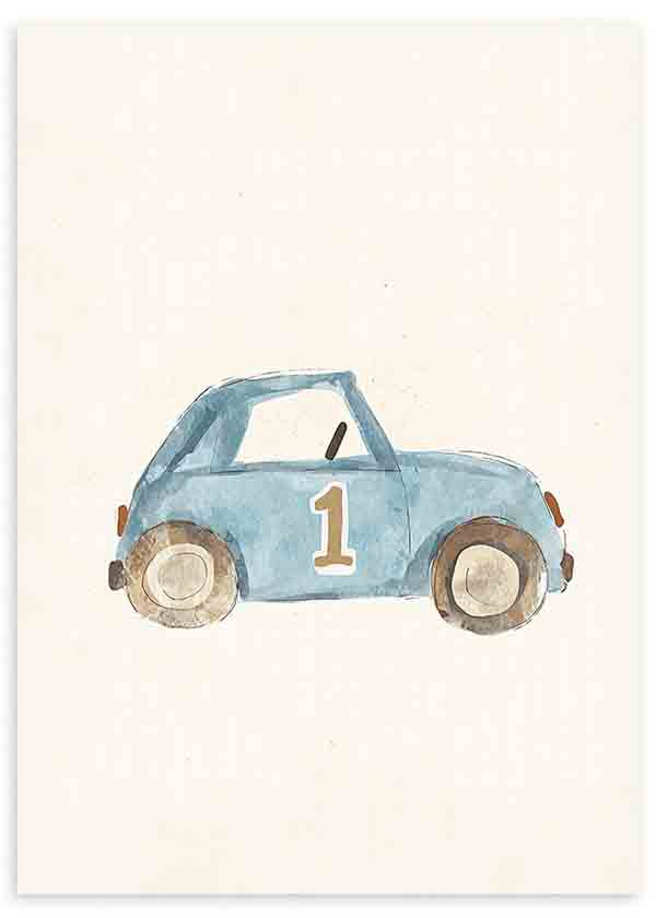 Quadro infantil com carro azul, número um, rodas bege, fundo claro e composição suave em estilo de ilustração para quarto de bebé ou zona de brincadeira. Disponível em kudeko.com
