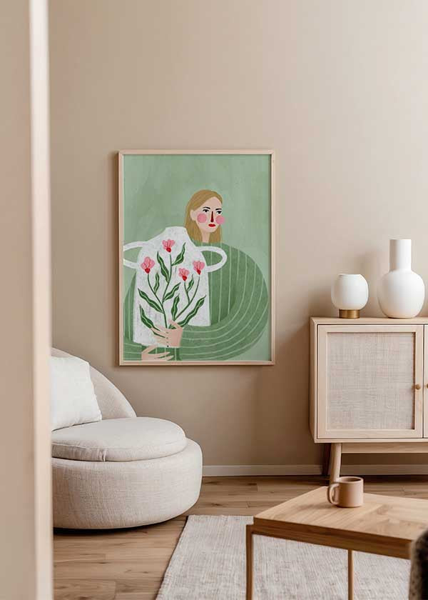 Cuadro ilustrado colorido mujer con jarrón de flores rosadas de Bea Muller, kudeko.com
