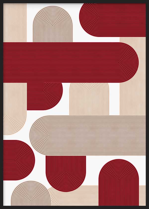 Cuadro geométrico con formas semicirculares en tonos burdeos y beige, kudeko.com
