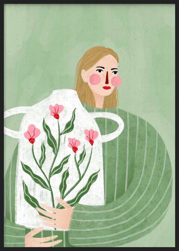 Quadro ilustrado colorido com mulher e jarra com flores cor-de-rosa, de Bea Muller. Disponível em kudeko.com