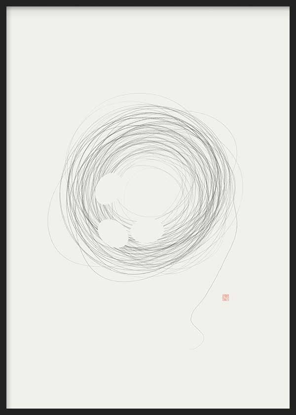 Cuadro japonés minimalista con espiral de líneas finas y formas circulares blancas estilo zen, kudeko.com
