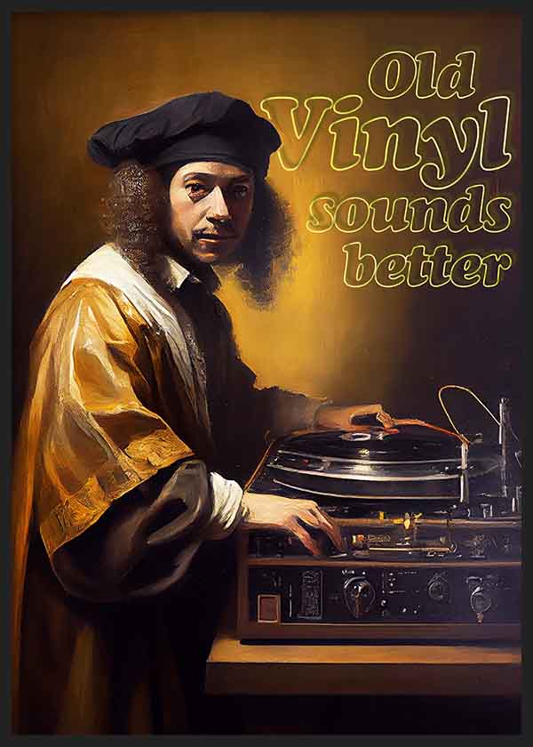 Quadro pop art com retrato barroco e gira-discos vintage "Old Vinyl Sounds Better", combinação de inspiração clássica e detalhes retro para uma decoração de parede distinta. Disponível em kudeko.com