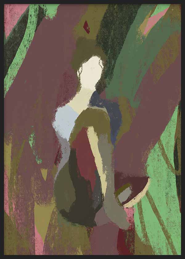 Cuadro con figura humana abstracta entre formas orgánicas en verde salvia, burdeos, rosa empolvado y beige, de estilo abstracto. Disponible en kudeko.com
