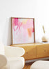 Cuadro cuadrado abstracto en tonos rosa, fucsia y naranja para decoración moderna kudeko.com
