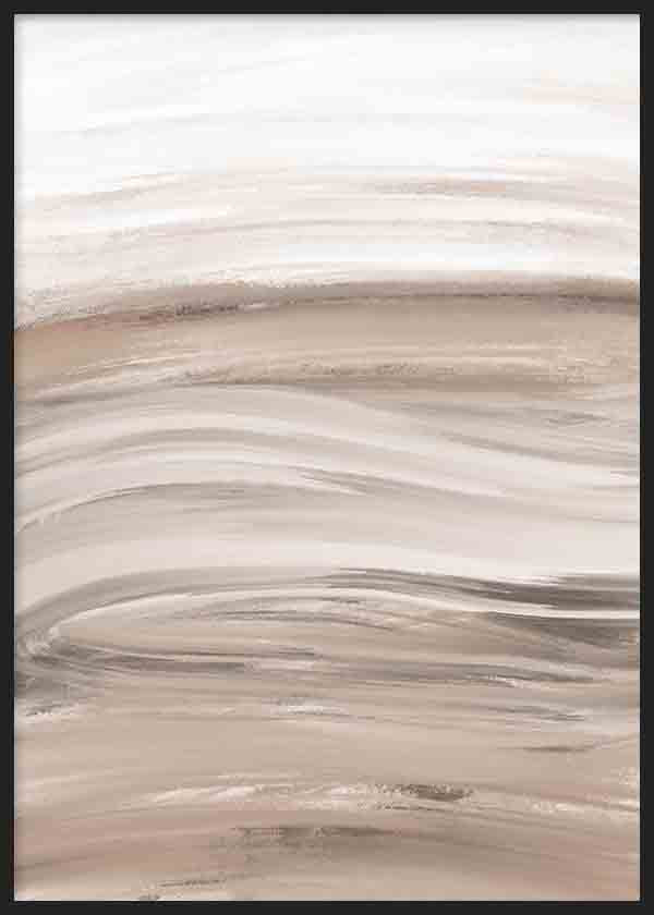 Wandbild mit abstrakter Komposition aus wellenförmigen Streifen in Beige, Sand, Taupegrau und Off-White, in einem ruhigen, ausgewogenen und modernen Stil. Erhältlich auf kudeko.com
