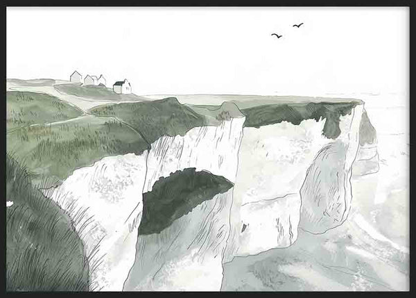 Quadro horizontal com falésias brancas junto ao mar, colinas verde sálvia suaves, pequenas casas ao longe, aves no céu e estilo de ilustração infantil. Disponível em kudeko.com