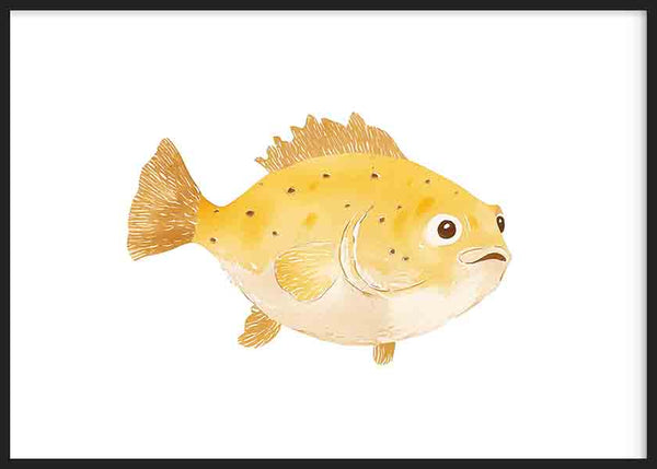 Cuadro infantil con ilustración de pez globo amarillo. kudeko.com
