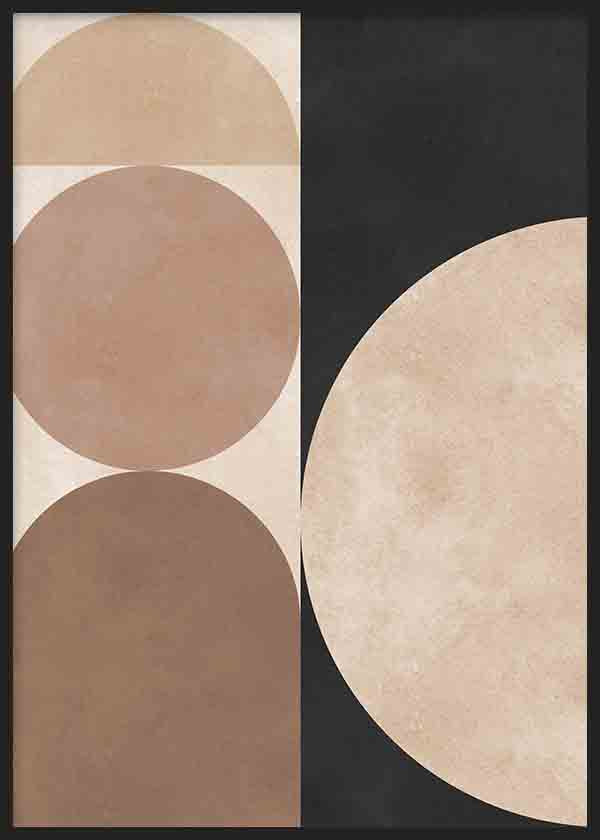 Cuadro de formas geométricas con semicírculos beige, arena y marrón sobre fondo negro, de estilo geométrico equilibrado y contemporáneo. Disponible en kudeko.com