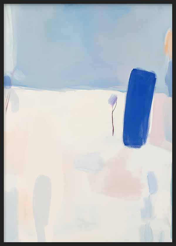 Tableau abstrait avec fond clair et détails en bleu et tons pastel, style décoratif épuré pour intérieur contemporain. Disponible sur kudeko.com