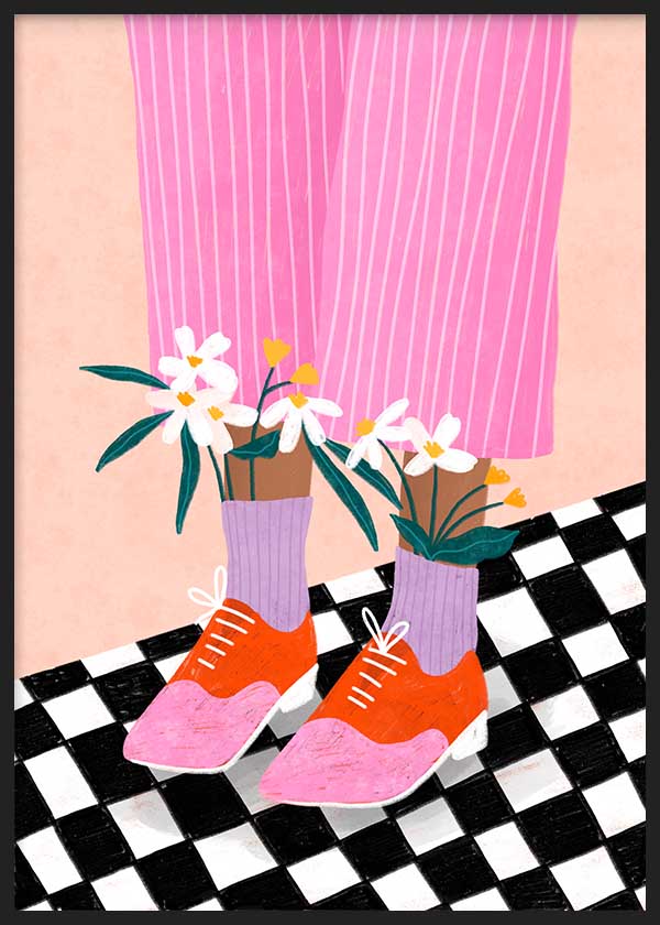 Tableau illustré coloré avec pantalon rose, chaussures rouges et fleurs, style mode décoratif Bea Muller. Disponible sur kudeko.com