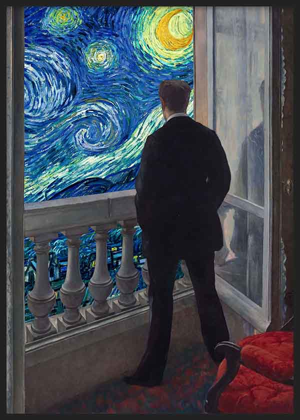Surrealistisches Wandbild mit Mann auf einem Balkon und Blick auf Van Goghs „Sternennacht“. Erhältlich auf kudeko.com