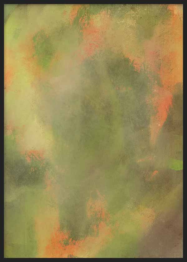 Quadro com composição abstrata de manchas orgânicas difusas em verde oliva, verde musgo, bege e terracota, com estilo abstrato suave e atmosfera tranquila. Disponível em kudeko.com