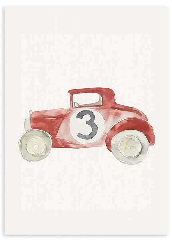 Cuadro con coche infantil rojo de aire retro, ruedas beige, número tres en gris, fondo claro y estilo infantil suave. Disponible en kudeko.com