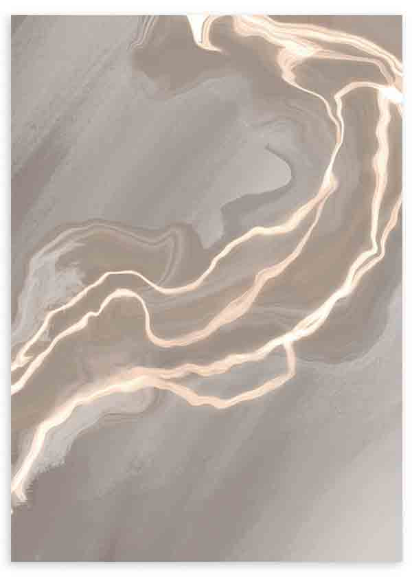Tableau avec formes abstraites fluides en beige, grège, sable et blanc chaud, lignes lumineuses sinueuses et composition douce de style abstrait contemporain. Disponible sur kudeko.com