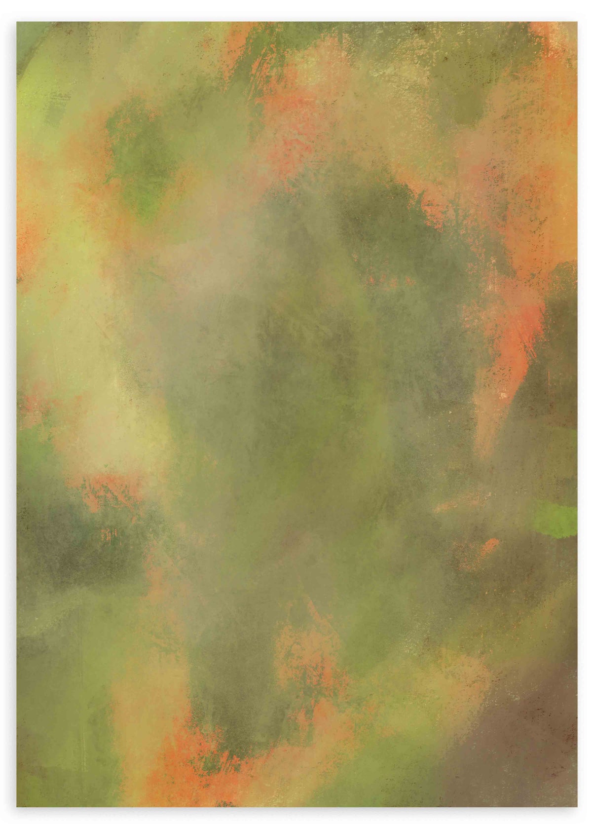 Cuadro con composición abstracta de manchas orgánicas difusas en verde oliva, musgo, beige y terracota, con atmósfera suave y estilo abstracto. Disponible en kudeko.com