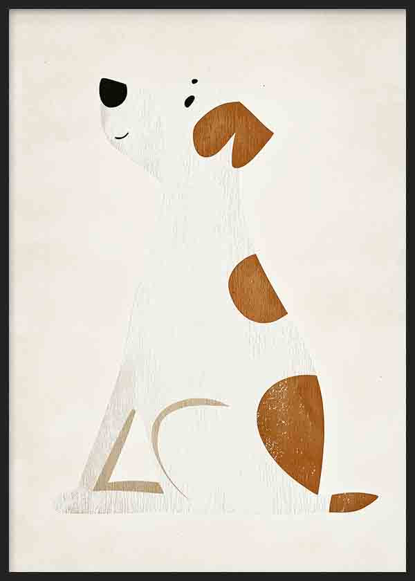 Cuadro con perrito blanco sentado sobre fondo crema, con detalles marrón cálido, beige y negro, composición simple y estilo minimalista infantil. Disponible en kudeko.com