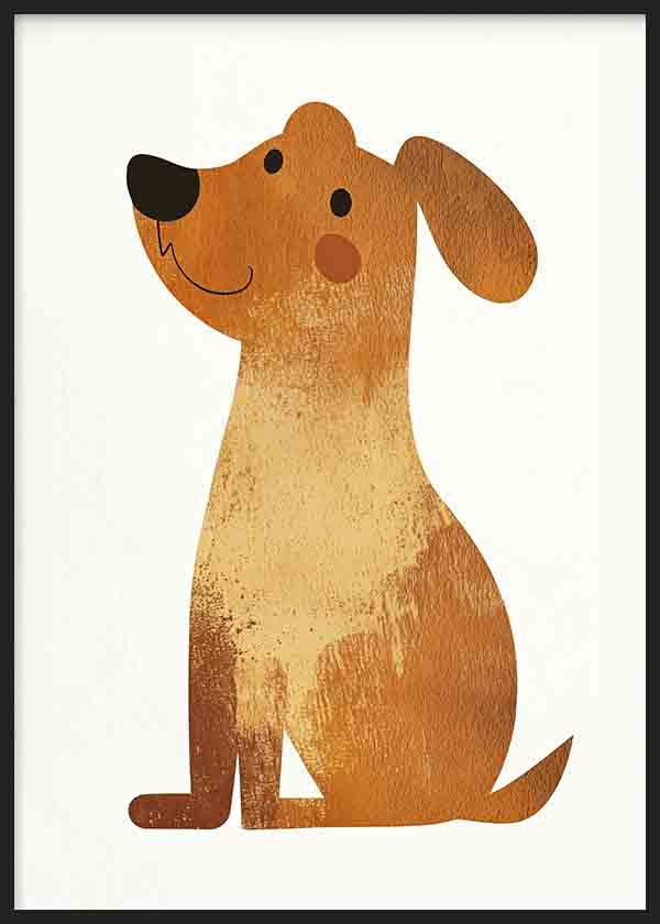 Cuadro con perrito infantil de cuerpo alargado, oreja caída, fondo claro y tonos marrón, beige y negro, de estilo ilustración. Disponible en kudeko.com