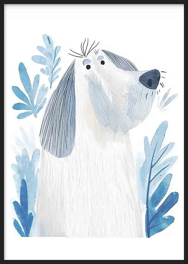 Gerahmtes Wandbild mit weißem Hund, blauer Schnauze, grauen Ohren, blauen Blättern, hellem Hintergrund und sanftem kindlichem Stil. Erhältlich auf kudeko.com