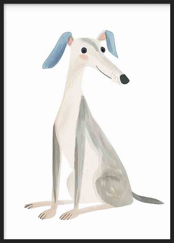Cuadro de perro estilizado sentado, con orejas azules, cuerpo gris claro y detalles beige, sobre fondo blanco, de estilo infantil. Disponible en kudeko.com
