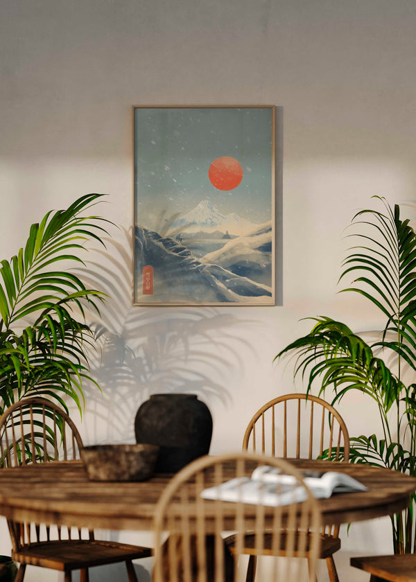 Cuadro japonés paisaje nevado con monte Fuji y sol rojo estilo Japandi, kudeko.com
