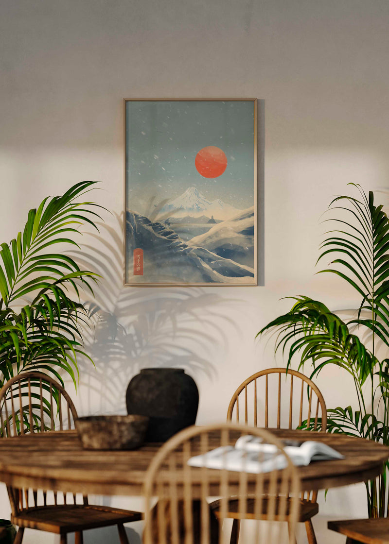 Cuadro japonés paisaje nevado con monte Fuji y sol rojo estilo Japandi, kudeko.com
