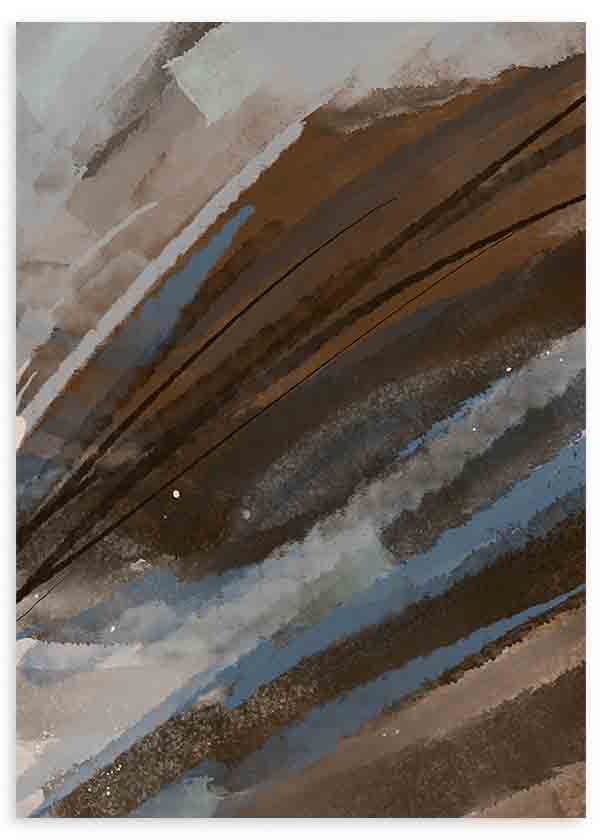 Wandbild mit abstrakter Komposition aus diagonalen Streifen in Braun, Beige, Taupegrau und Graublau, mit Anmutung einer Berglandschaft, visueller Tiefe und klarer moderner Gestaltung. Erhältlich auf kudeko.com