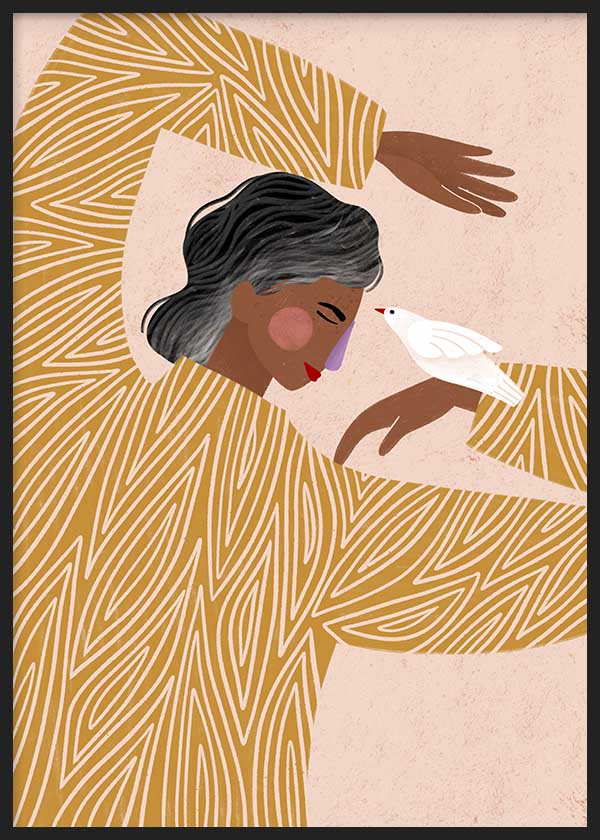 Quadro ilustrado colorido com mulher de camisola mostarda e pássaro branco, estilo decorativo contemporâneo Bea Muller. Disponível em kudeko.com