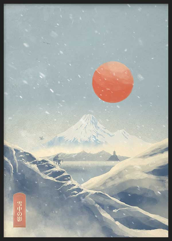 Cuadro japonés paisaje nevado con monte Fuji y sol rojo estilo Japandi, kudeko.com
