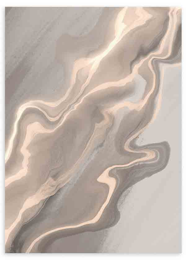 Cuadro con composición abstracta de líneas onduladas y formas fluidas en tonos gris, beige, crema y topo, con estética suave y elegante de estilo abstracto. Disponible en kudeko.com