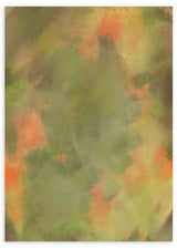 Gerahmtes Wandbild mit abstrakter Komposition aus diffusen organischen Formen in Olivgrün, sanftem Beige und orangefarbenen Korallakzenten, im ruhigen zeitgenössischen Stil. Erhältlich auf kudeko.com