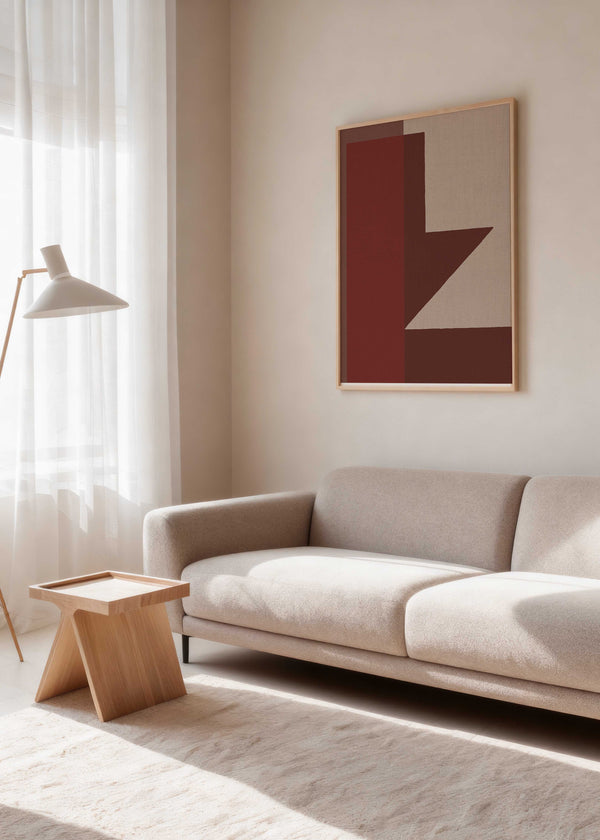 Cuadro geométrico en tonos terracota, burdeos y beige con diseño moderno, kudeko.com
