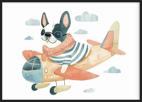 Cuadro horizontal de perro piloto con gafas oscuras sobre avión retro, nubes suaves, tonos pastel azul, coral y crema, estilo infantil. Disponible en kudeko.com