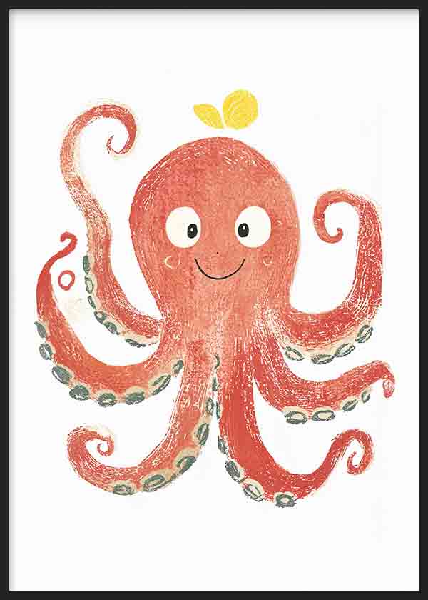Quadro emoldurado com polvo infantil coral, olhos grandes, tentáculos curvos, ventosas cinzento esverdeado, fundo branco e estilo ilustrado suave para quarto de criança. Disponível em kudeko.com