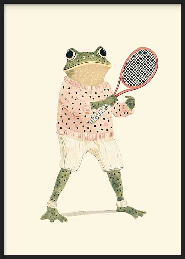 Wandbild mit Tennis spielendem Frosch, rosa gepunktetem Pullover, heller Hose, rotem Schläger, cremefarbenem Hintergrund und kindlichem Stil in Olivgrün, Weiß und Schwarz. Erhältlich auf kudeko.com