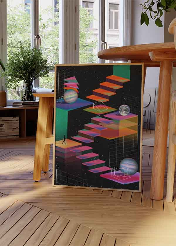 Cuadro surrealista con escaleras flotantes en el espacio y planetas, disponible en kudeko.com.
