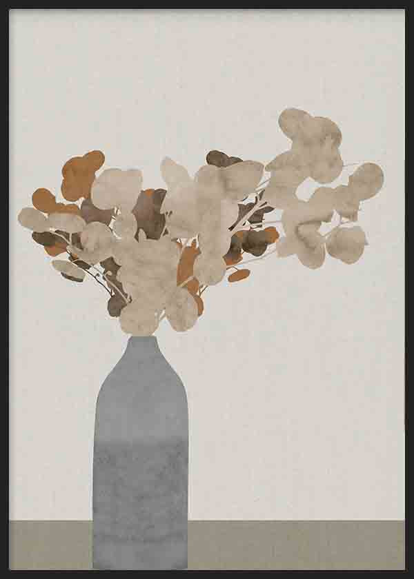Tableau avec vase gris bleuté, fleurs séchées beige, crème, brun tabac et taupe sur fond clair, dans un style minimaliste et naturel. Disponible sur kudeko.com