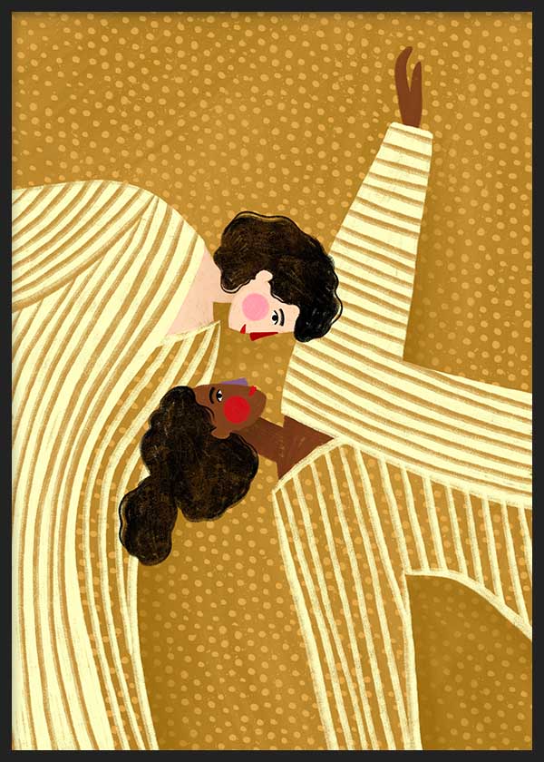 Tableau illustré coloré avec deux femmes dans des tons dorés Bea Muller. Disponible sur kudeko.com