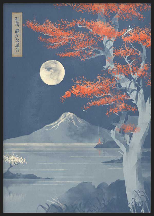 Cuadro japonés paisaje nocturno con monte Fuji y árbol de hojas rojas estilo Japandi, kudeko.com
