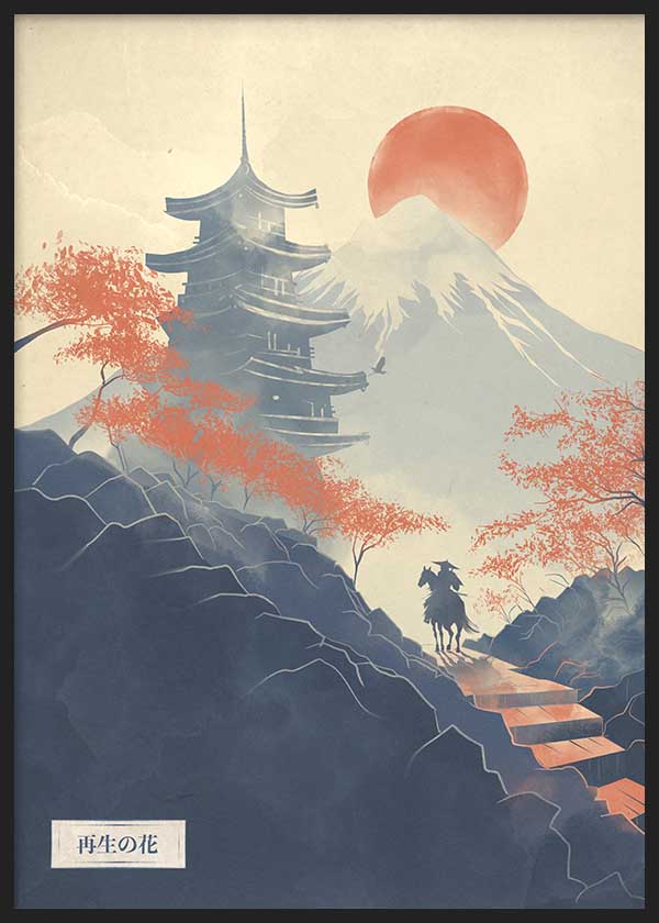 Cuadro japonés con monte Fuji, pagoda y jinete en paisaje otoñal estilo Japandi, kudeko.com
