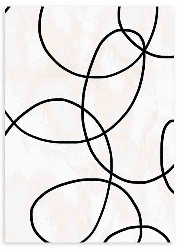 Wandbild mit ineinander verlaufenden schwarzen geschwungenen Linien auf cremeweißem Hintergrund, klare abstrakte Komposition in neutralen Farben und minimalistischem Stil. Erhältlich auf kudeko.com