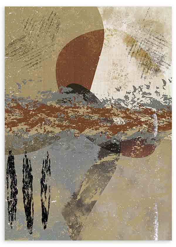Quadro com composição abstrata de formas orgânicas, texturas desgastadas, bege, cinzento, castanho ferrugem, preto e branco quebrado, em estilo contemporâneo e depurado. Disponível em kudeko.com